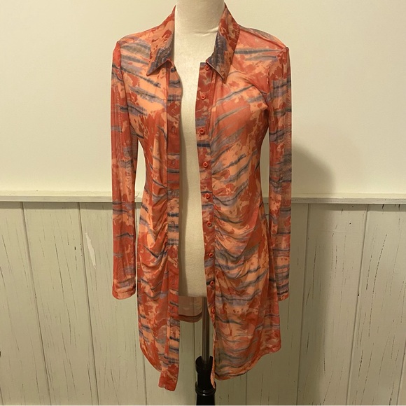 Wild Fable Small Mesh Long Sleeve Button Up Orange Tie-Dye Dress - Picture 3 of 13